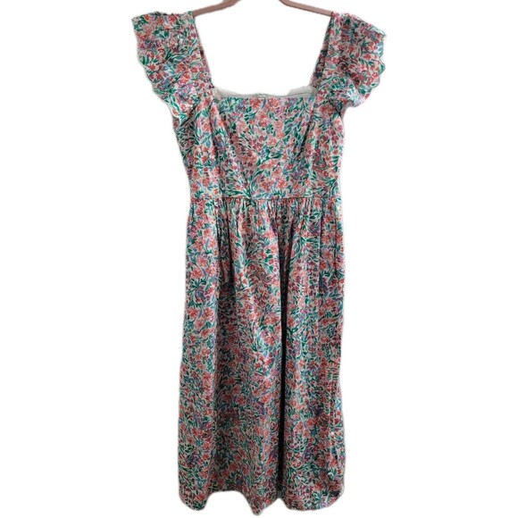 NWT J.Crew Ruffle Sleeve Floral Cotton Midi Dress Pink Green Sz 10 CI215 Pockets - Picture 1 of 12